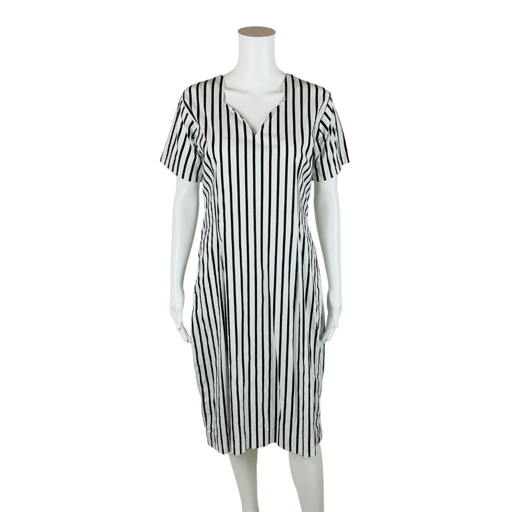 Vintage 1980s Black White Striped Day Dress Handmade | B 38"